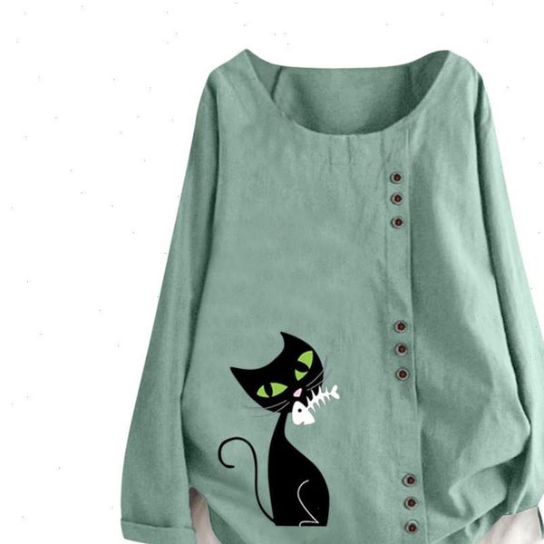 

plus size womens and blouses harajuku cats printed o neck shirt soft linen long sleeve tunic with buttons camisas, White