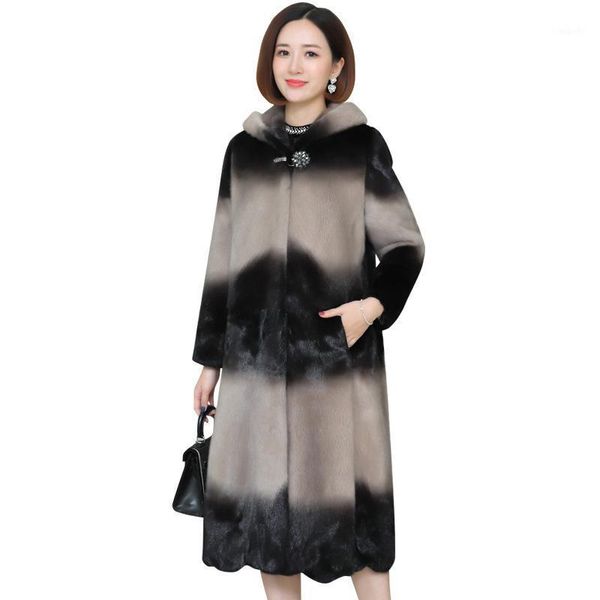 

high-end imitation coat winter women's fur collar hooded thick warm fur jacket fashion segment dyeing long overcoat1, Black