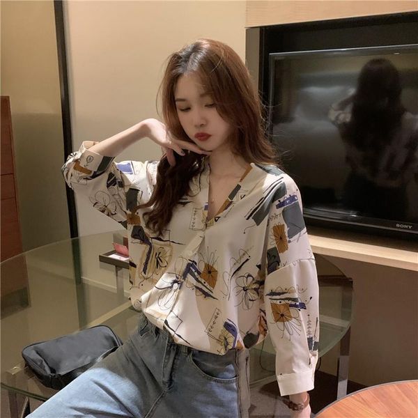 

women's blouses & shirts printed v-neck chiffon shirt women, White