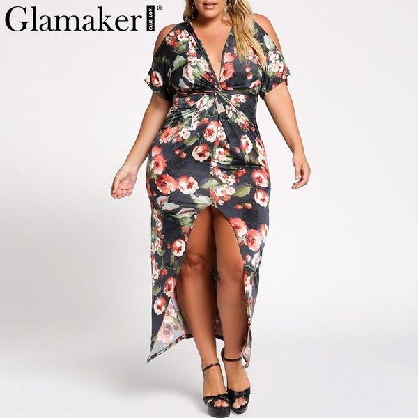 

glamaker floral print knitted large size long dress women cold shoulder summer causal dress elegant holiday club maxi 20191, Black;gray