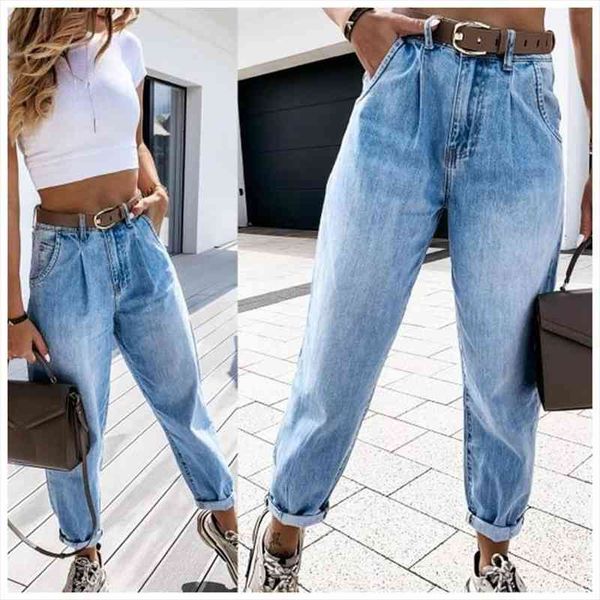 

women casual washed pants high waist denim boy friend long pant female plus size wash hole denim stitch trousers nightclub, Blue