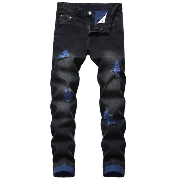 

men's straight slim-fit ripped jeans color ripped yarn men's denim trousers, Blue