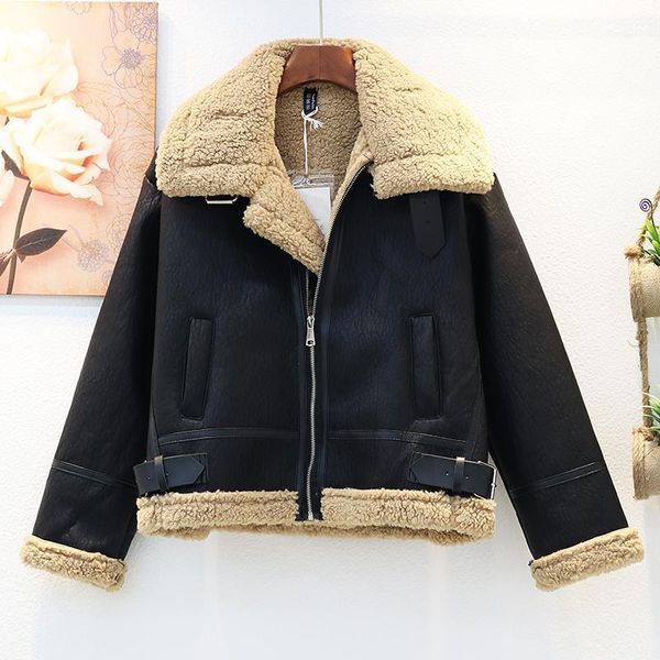 

women's jackets [ewq] autumn winter female turn-down collar long-sleeved suit loose minimalist pachwork lambfur pu leather coat 8d3681, Black;brown