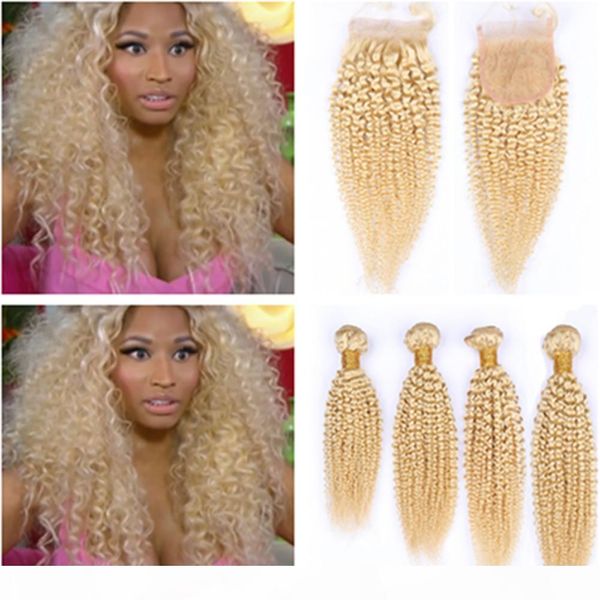 

#613 blonde kinky curly 4bundles brazilian hair with closure bleach blonde curly virgin human hair weaves with 4x4 front lace closure, Black;brown