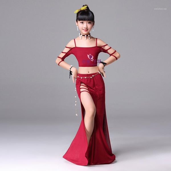 

children's belly dance practice suit 2019 new women kid professional oriental dance performance long costumes h45221, Black;red