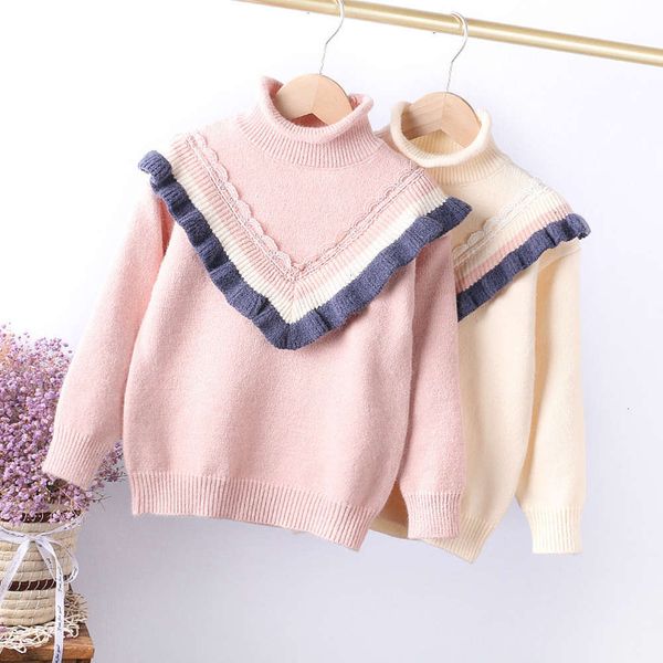 

lady girl's sweet sweater winter 2020 wear lotus lace middle school children's t-shirt 120-160, Blue