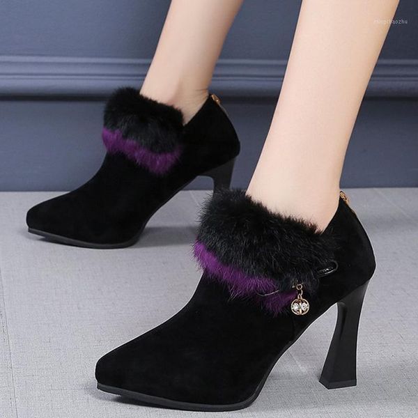 

boots faux fur high heels women 2021 fashion pointed toe platform ankle woman autumn winter casual shoes ladies1, Black