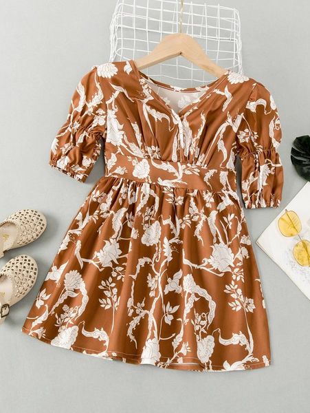 

toddler girls floral print gathered sleeve dress she, Red;yellow