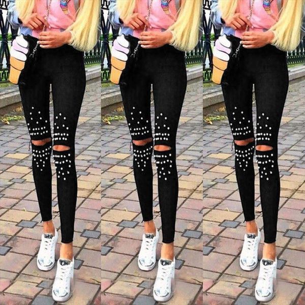

plus size leggings knee hole leggings 2018 new fashion stretch cut holes beads decoration women pants skinny high waist, Black