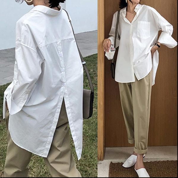 

s 5xl women shirt fashion casual white blouses lapel solid long sleeve asymmetric buttons ladies loose blusas 2021