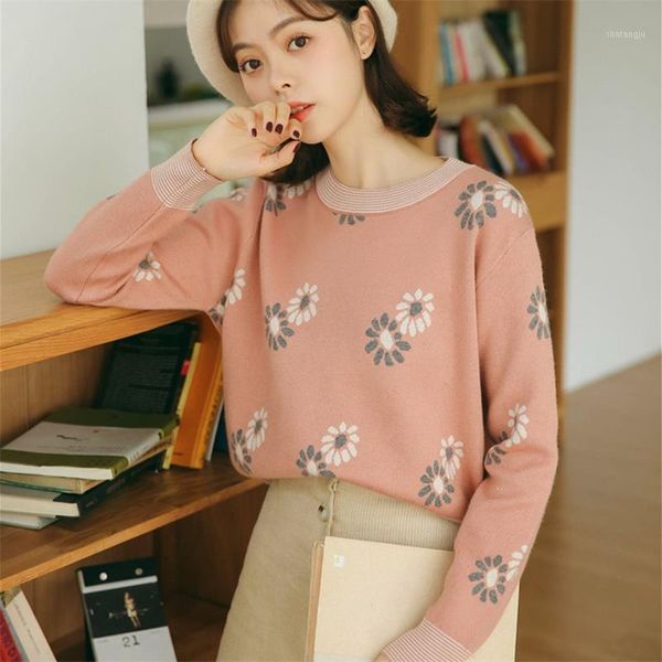 

women spring autumn crop long sleeve pullover floral print short sweater girls o neck knit, White;black