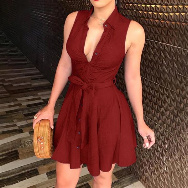 

new summer women sleeveless shirt dress slim lace up button mini dress casual solid elegant lapel simple office, Black;gray