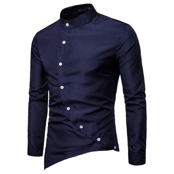

men shirt 2020 personality oblique button irregular men casual shirt clothes long sleeve casual slim fit male xxl, White;black