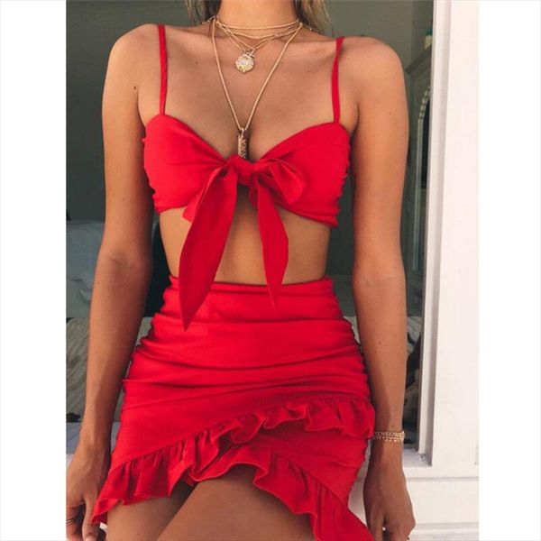 

women boho beandeau mini dress suit evening cocktail party crop mini skirt two piece set women, Gray