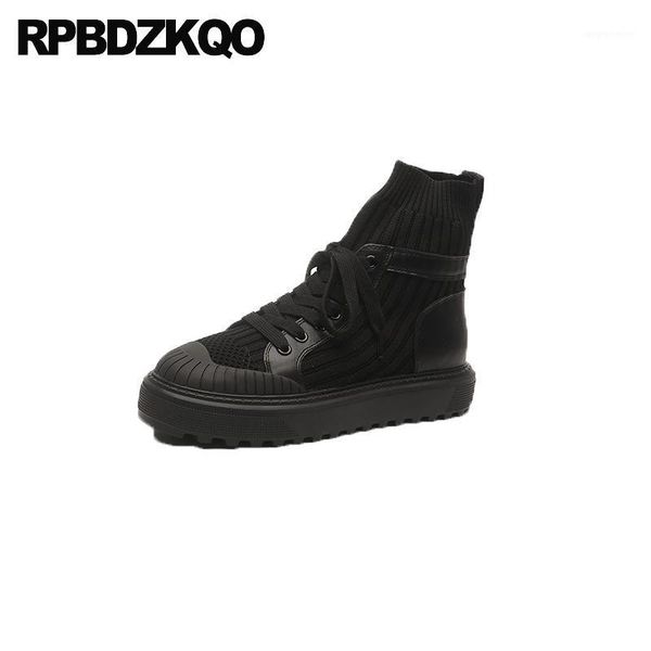 

black knit sock front lace up casual ankle boots autumn fall brand creepers shoes women combat platform muffin flatform1