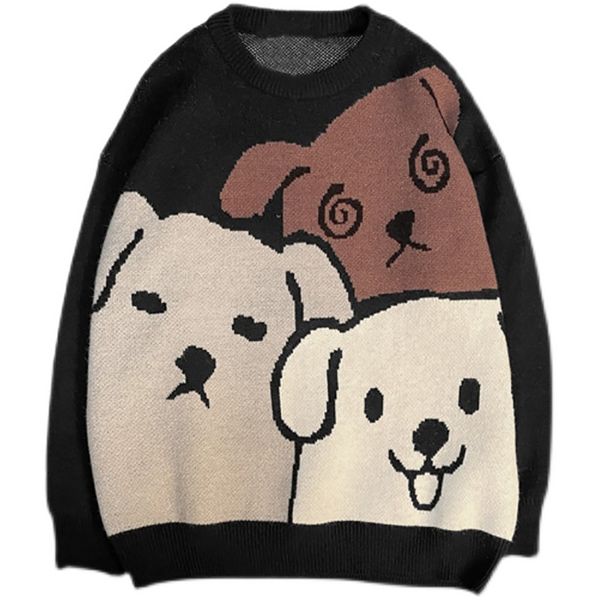 Maglione nero Autunno Inverno Vintage Pullover lavorato a maglia oversize Moda coreana Cartoon Dog Pattern Designer Uomo Cappotto 211221