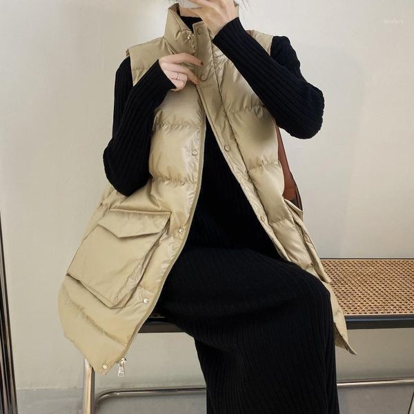 

long down cotton waistcoat women's autumn winter 2020 korean standing collar cotton vest solid sleeveless warm jacket1, Black;white