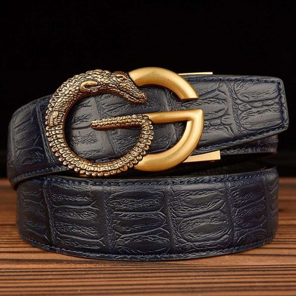 

buckle leisure men's automatic genuine cow hide crocodile youth head leather pants belt new, Black;brown