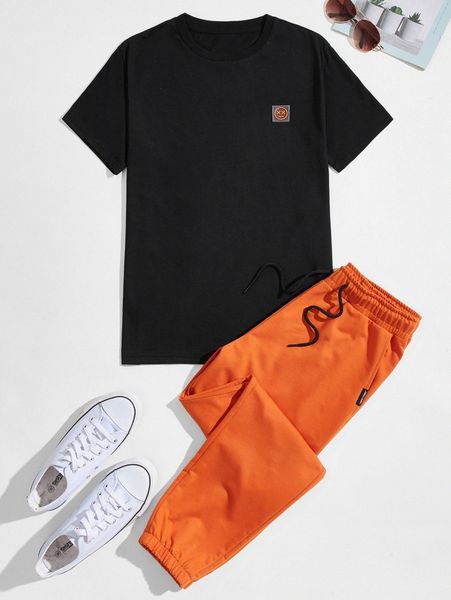 

men patched tee with drawstring pants p7le#, Gray
