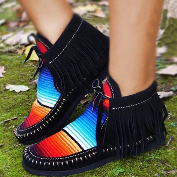 

2020 new tassel striped ankle boots for women warm flat shoes ladies casual shoes hook loops footwear women boots, Black