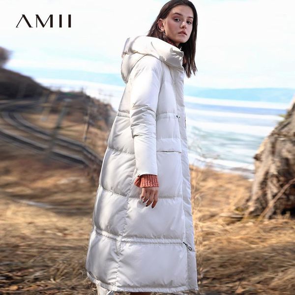 

amii minimalist hooded long down jacket winter women casual thick pocket solid waterproof white down jacket parka 118703031, Black