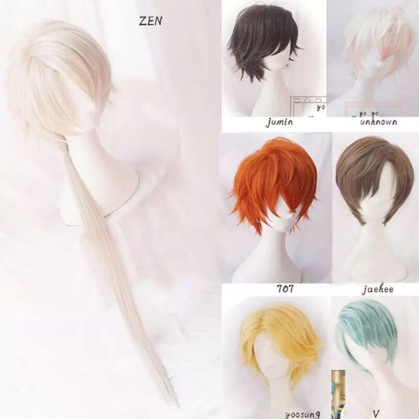 

707 cosplay mystic messenger cosplay wigs jumin unknown jaehee yoosung zew short red blond green heat resistant synthetic hair1, Black