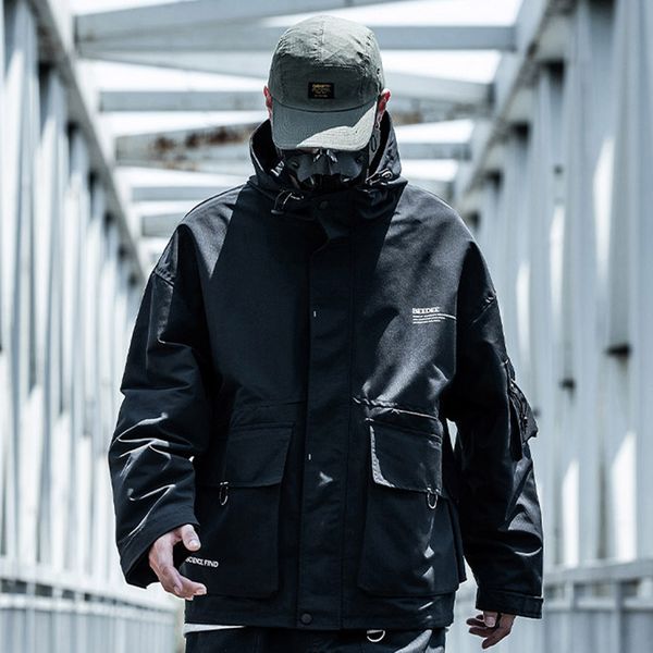

hip hop solid multi pockets men hooded cargo jackets harajuku streetwear overcoats casual cotton male coats, Black;brown