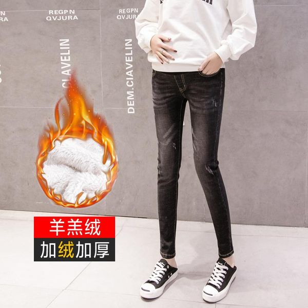 

6021# winter thick warm denim with velvet cashmere maternity jeans belly pants clothes for pregnant women pregnancy trousers, White