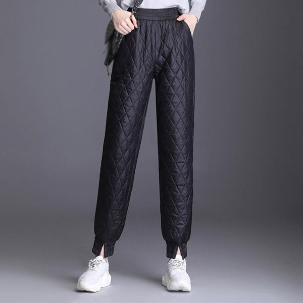 

women's pants casual winter warm duck down pants midi elastic waist slim ankle-length trousers plus size fashion casual ladies, Black;white
