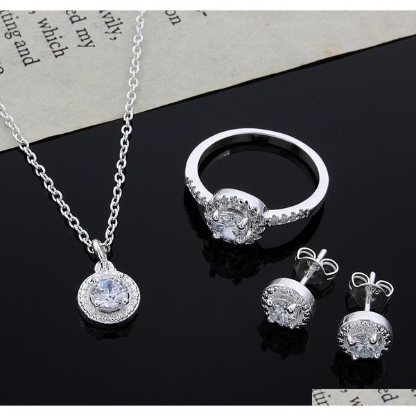 

2015 new design 925 sterling silver cz diamond necklace & ring & earrings set fashion jewelry wedding gift for woman shipping kjhtn, Slivery;golden