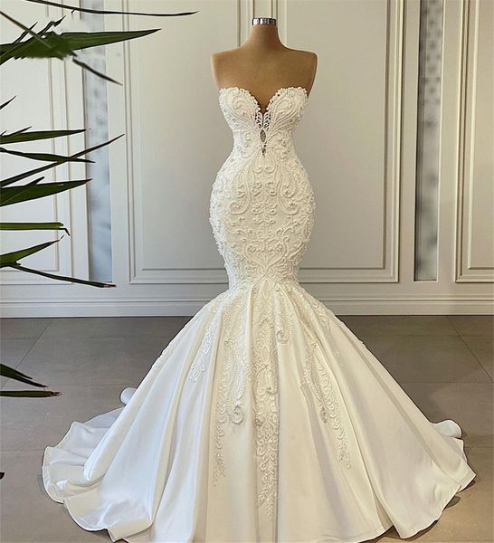 

wedding dress mermaid sweetheart satin tulle crystal beaded luxury formal real bride dress custom made, White