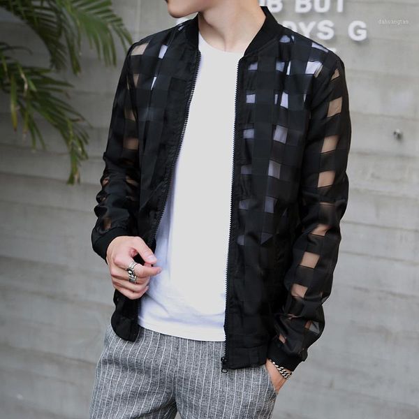 

pierced transparent bomber jacket men 2020 sun protection clothing windbreaker summer thin men plaid jackets slim fit mens coats1, Black;brown