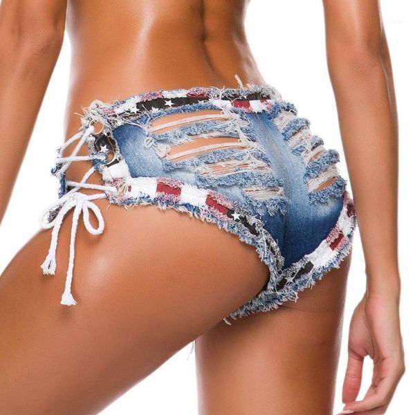 

women's jeans women summer lace up ripped shorts high waist hole pole dance clubwear push skinny denim booty mini1, Blue