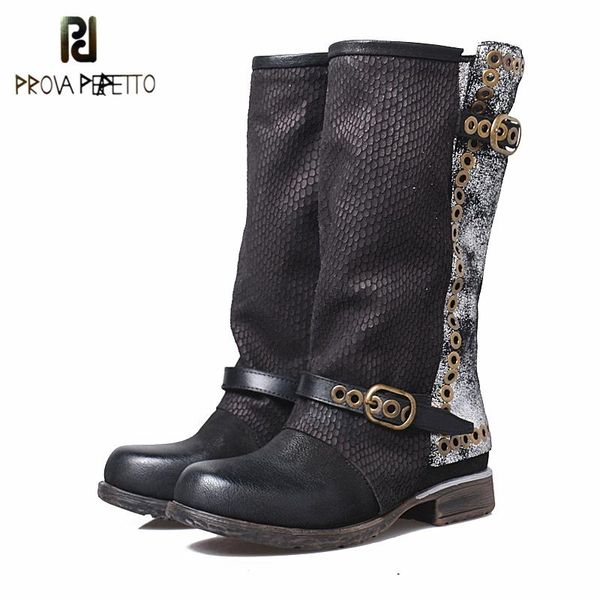 

prova perfetto england style retro martin boots warm genuine leather patchwork back buckle strap thick bottom woman high boots, Black