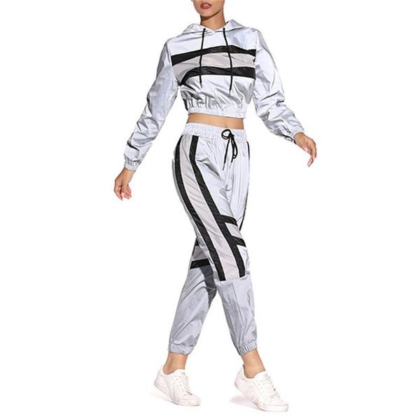 

2 pcs women reflective outfits adults long sleeve color block hooded crop pants with drawstring clothes sets, Gray