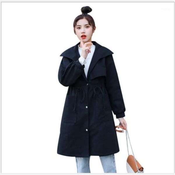 

2020 new spring women trench coat turn-down collar long coat button loose windbreak overcoat female with belt streetwear m4151, Tan;black