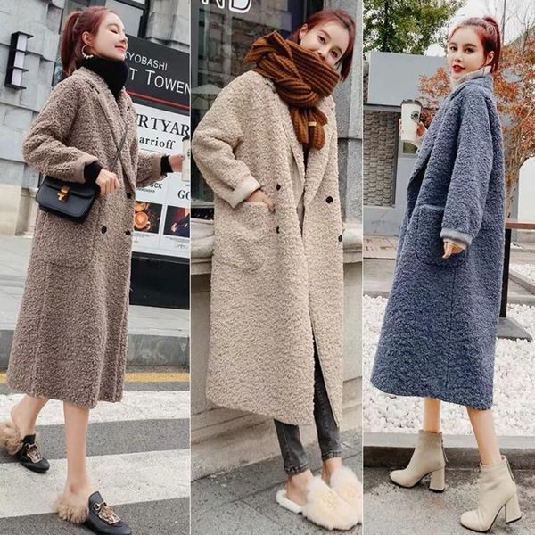 

2020 new faux fur long coat women lamb thick coat vintage furry jacket elegant shaggy coats lapel long sleeve teddy q161, Black
