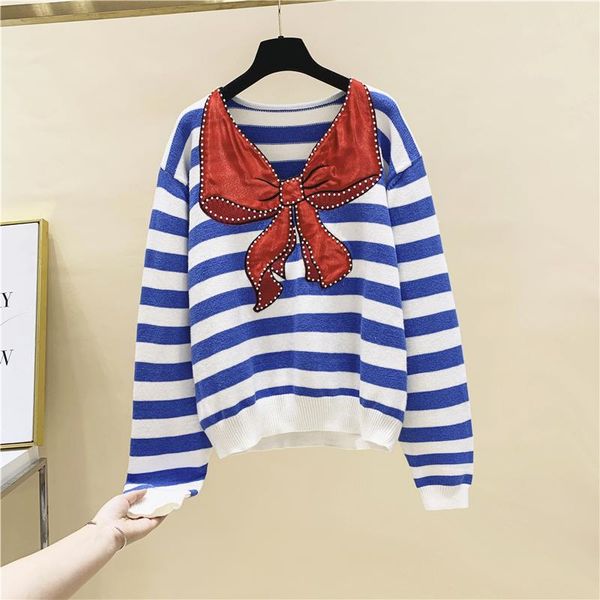 

embroidered bow beaded striped pullover sweater somen's 2020 autumn new loose western style fashion knitwear, White;black