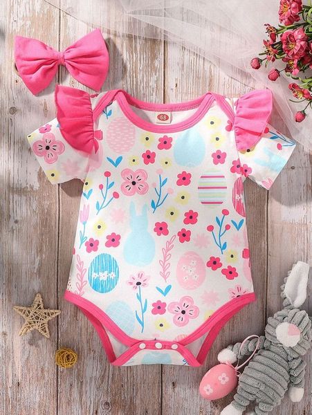 

baby floral print ruffle trim bodysuit & headband she01, Blue