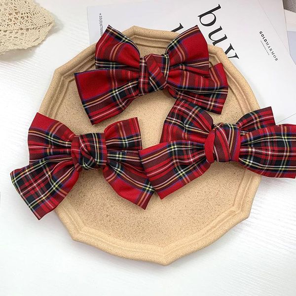 

red plaid fabric bowknot french hair clips christmas head ponytail hairpin girls school party headwear hairgrip xmas hairbow, Slivery;white