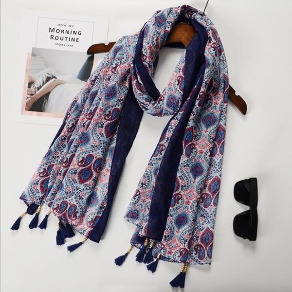 

multifunction cotton scarf women fashion printed scarves hair tie flower folk-custom tassel headwear retro neckerchief, Blue;gray