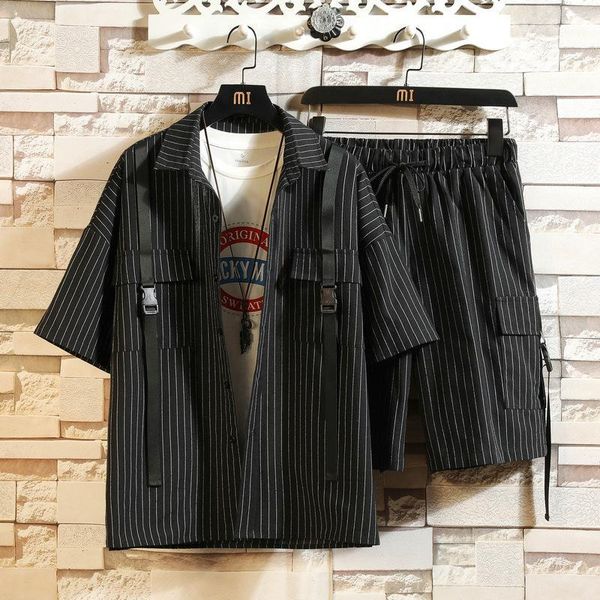 

mens 2 piece tracksuit set causal sweat suit streetwear striped shirts sweatpants suit streetwear ribbons joggers sets for men1, Gray