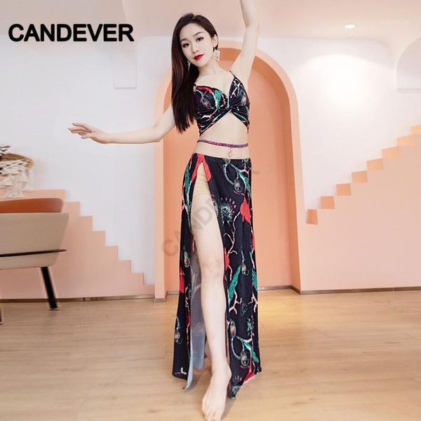 

oriental bellydance belly dance set flower floral chiffon long skirt with slit woman performance practice wear suit1, Black;red