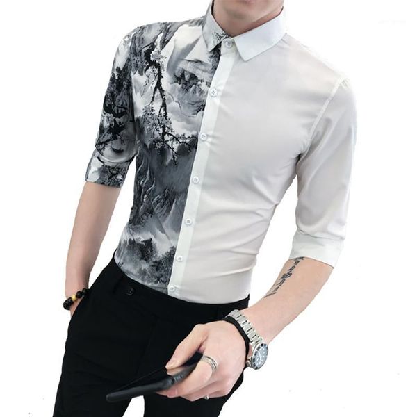 

loldeal summer stitching flower shirt social guy cropped sleeve shirt, cotton printed fashion casual slim sleeves men's shirt1, White;black
