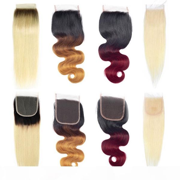 

платина blonde ombre 1b 613 body wave lace closure с волос младенца отбеленные узлы remy человеческих волос 4x4 lace closures, Black;brown