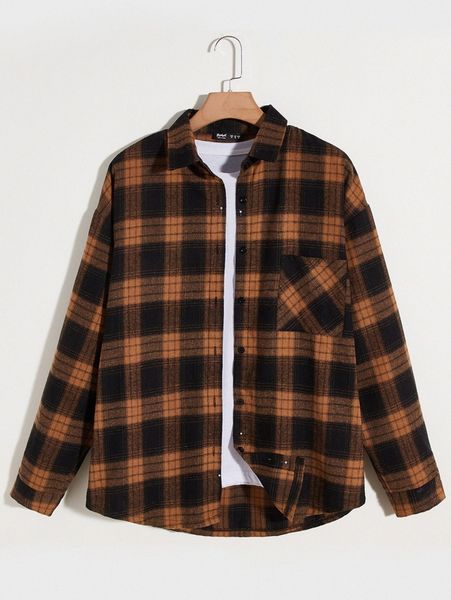 

romwe guys plaid button front pocket drop shoulder shirt 00yj#, White;black
