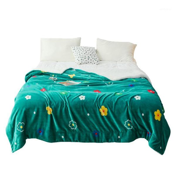 

blankets winter double layer thick blanket green white flowers super soft warm wool flannel fleece throw on sofa bed1