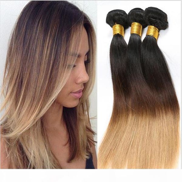 

#1b 4 27 honey blonde ombre hair 3pcs brazilian straight three tone human hair weaves extensions 9a brazilian human hair bundles, Black