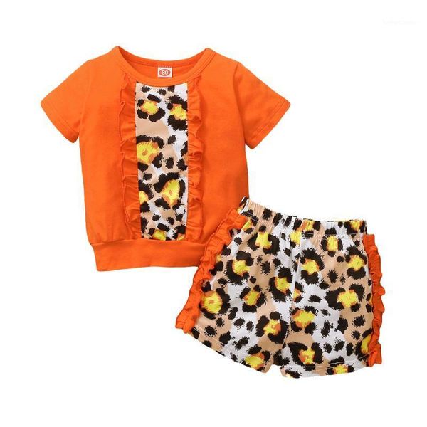 

clothing sets 2021 fashion toddler baby girls clothes short sleeve leopard printed ruffle +shorts outfits kids sets1, White