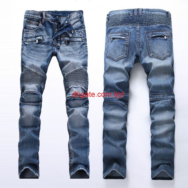 

jeans men's light pleated slim straight zipper decorative motorcycle pants, Blue